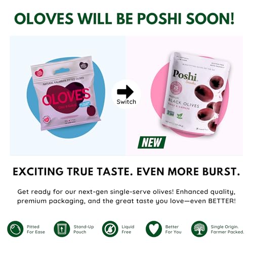 Image of Poshi Green Olives On-The-Go - Original Flavor - Single Serve Pitted Olives - Convenient and Healthy Snack Packs - All Natural, Non-GMO, Kosher, Gluten-Free (Original Chili + Garlic Black Olives, 33 Ounce (Pack of 30))