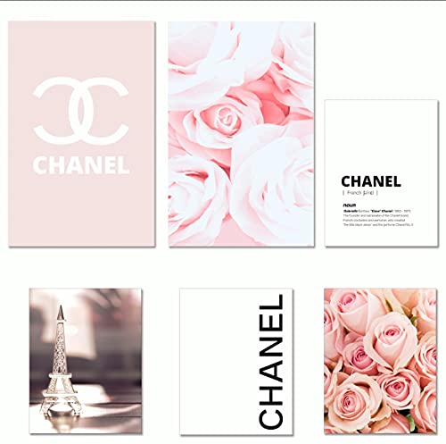 Glam Wall Art - Fashion Wall Art (Set of 6) 2 - 11 x 17 and 4 - 8.5 x 11- Beautiful Bedroom Wall Decor Above Bed - Designer Wall Art - Channel Wall Art Decor with Pink Roses