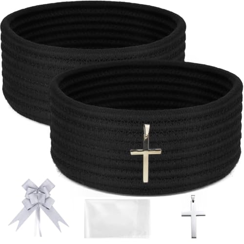 Hispqser Black Gift Basket with Gift Bags and Ribbons Odorless Cotton Rope Basket Thicken for Organizing, Decorative Round Cute Baskets for Bedroom Closet (black)