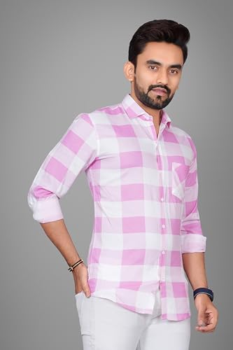Image of Voroxy Men's Casual Checks Shirt with Pockets Cotton Blend Stylish Branded Checkered Pattern Formal Shirt & Regular Fit Full Sleeves and Spread Collar Style