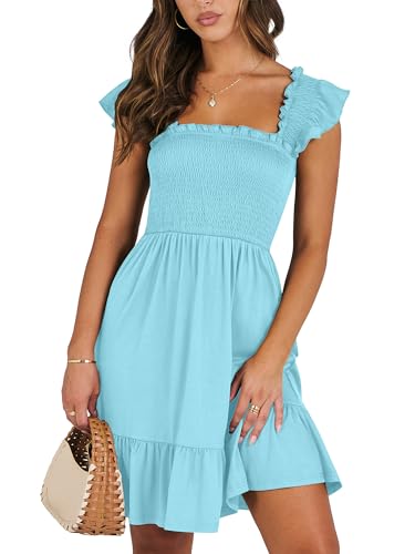 ANRABESS Women's Summer Casual Sleeveless Square Neck Dress 2026 Smocked Ruffle Backless Boho Beach Cute Teen Short Sundress Blue Small