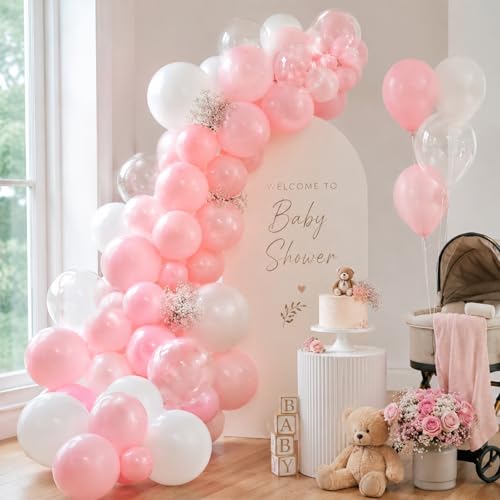 Image of HILAVO Dusty Pink Balloons 12 Inch Blush Pastel Light Baby Pink and White Latex Party Balloon with Clear Balloons for Women Girls Boho Birthday Wedding Baby Bridal Shower Anniversary Party Decoration