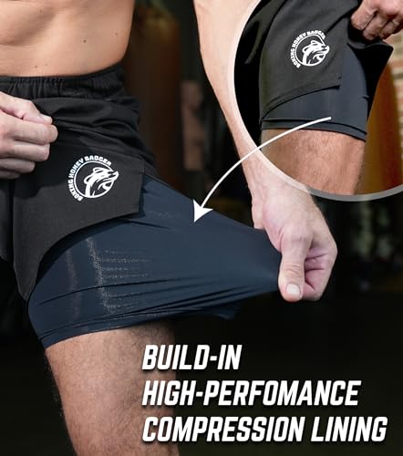 Boxing Honey Badger 2-in-1 BJJ MMA Fight Shorts Built-in Compression Lining: Grappling, Brazilian Jiu Jitsu, No-Gi Shorts Red