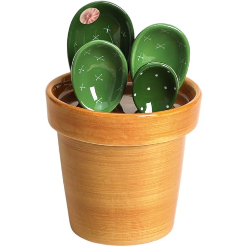 Sizikato 4pcs Porcelain Measuring Spoons with Base, Cute Cactus Shape