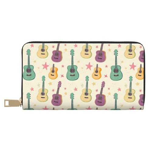 Cute Guitar Stars Print Wallet Women Men, Long PU Leather Wallets for Women, Cute Womens Travel Wallet Purse Pouch with Zipper Pocket