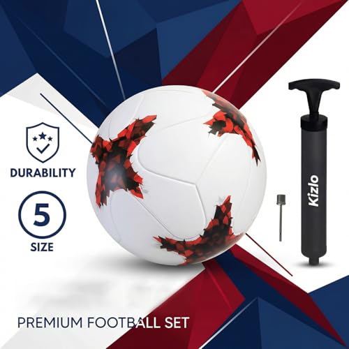 Image of Kizlo Official Size 5 Football with Pump & Pin | PVC Leather Training Soccer Ball for Ground, Turf & Street Play | High Grip & Air Retention for Kids, Youth & Adults | Multicolor (Rusiia)