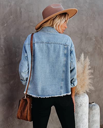 Women's Jean Denim Jacket Classic Trucker Shacket Button Up Frayed Cropped Loose Coats3