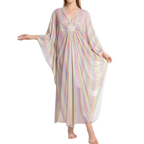 Bsubseach Kaftan Dresses for Women Sparkly Glitter Batwing Sleeve Kaftan Cover Up Beach Maxi Dress Loungewear Multicolour2 One Size