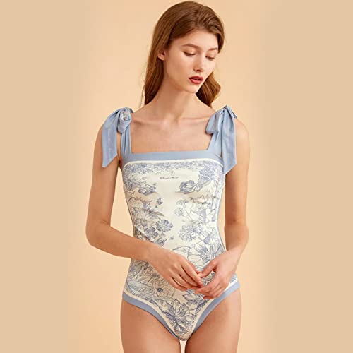 Women Double-Sided Floral One Piece Swimsuits, Reversible Tie Shoulder Monokini, Tummy Control Bathing Suits, Square Neck Blue #TOP1