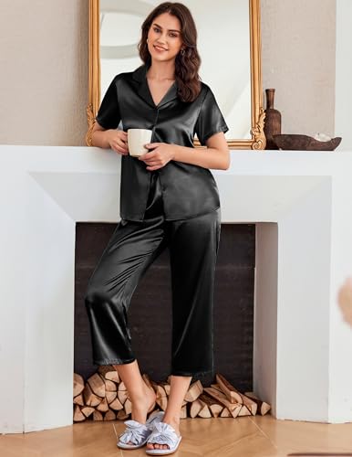 Image of Ekouaer Womens Satin Silky Capri Pajamas Short Sleeve Button Down Sleepwear