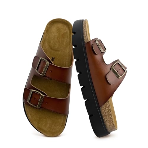 Women's Suede Flat Sandals,Arch Support Slides with Adjustable Buckle Straps,Memory Foam Insole & Cork Footbed Platform Heel Slide for women,Casual Su