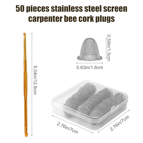Image of 50pcs Carpenter Bee Hole Plugs, Stainless Steel Tapered Carpenter Bee Hole Cork Fix Covers with Metal Install Tool Repair Kit Carpenter Bee Filler for Porches Fences Wood Structures