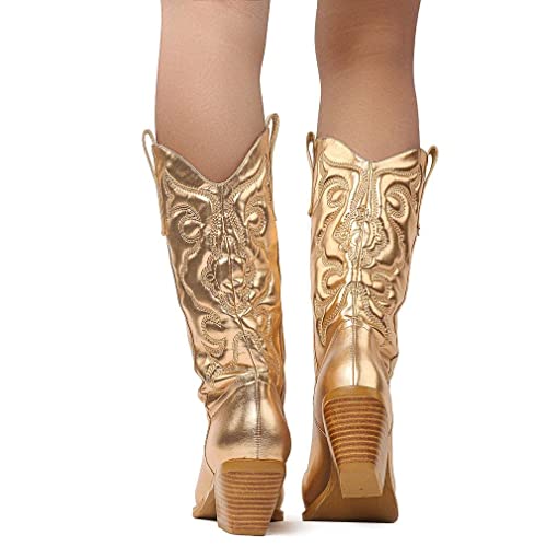 So Simpok Cowboy Boots For Women Embroidered Stitching Chunky Stacked Heel Cowgirl Boots Snip Toe Slip On Mid Calf Western Boots #TOP5