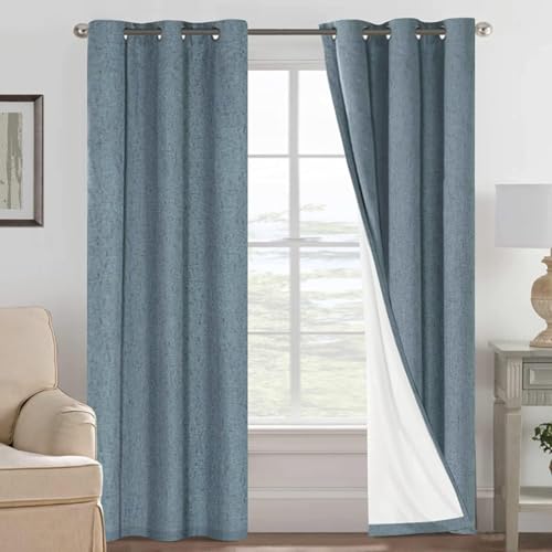 Image of H.VERSAILTEX Primitive Linen Curtains 100% Blackout Curtain Drapes Burlap Curtains with White Thermal Insulated Liner, Grommet Top Drapes Living Room /Bedroom (2 Panels, 42 x 84 Inch, Stone Blue)