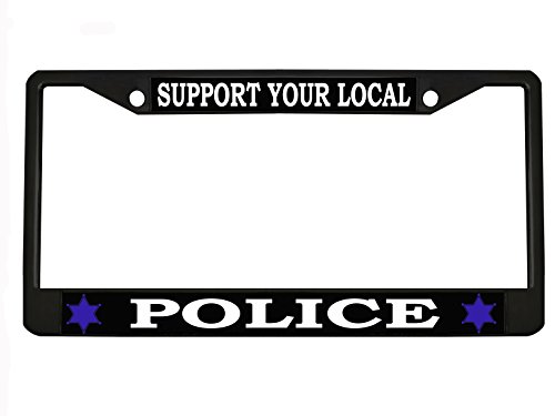 Support Your Local Police Design Metal License Plate Frame Personalized/Car Accessories Car Tag Holder Cover (Black/White)