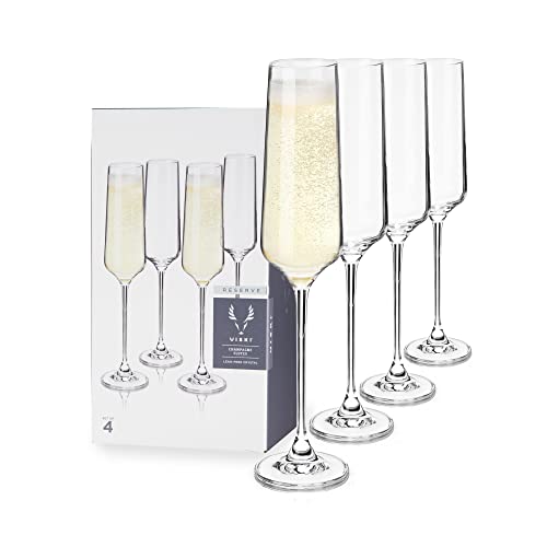 Viski Champagne Flutes, 4 Lead-Free Crystal Sparkling, Stemmed Wine Glass Set European Made Glassware, Set of 4, Clear, (10103)