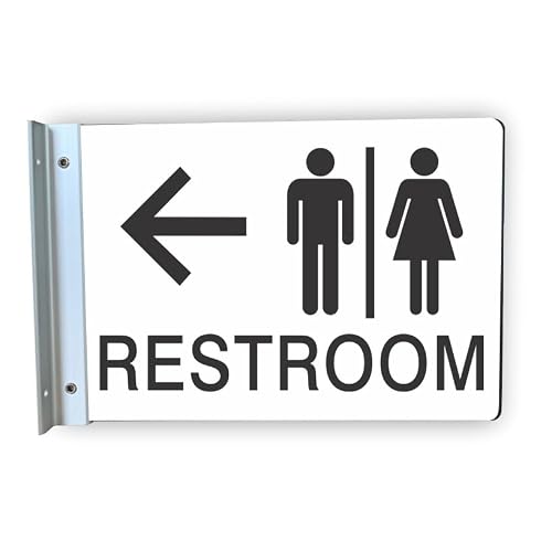 Restroom Projecting Corridor Sign with aluminum wall bracket, Left Arrow Symbol, 6x9”, Large Legible Text, Double Sided, Weather Resistant Acrylic, Made in USA