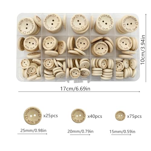 140Pcs Wood Buttons Set for Sewing and15mm 20mm 25mm Crafting Handmade with Love Wooden Button (Natural-Mixed Size-140Pcs) - Image 2