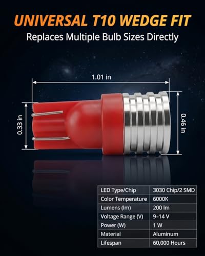 Bombillas LED T10 194 Rojo Paquete 10 Piezas miniatura 6