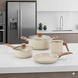 Jogo de Panelas de Cerâmica Antiaderente 4 Peças com Tampa de Vidro, Bege Premium, Compatível com Fogão a Gás, Indução e Elétrico