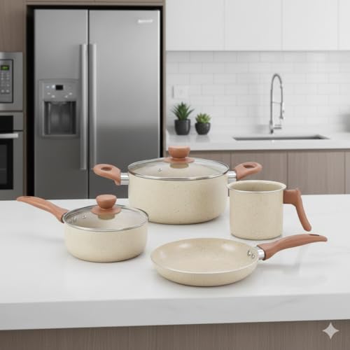Jogo de Panelas de Cerâmica Antiaderente 4 Peças com Tampa de Vidro, Bege Premium, Compatível com Fogão a Gás, Indução e Elétrico