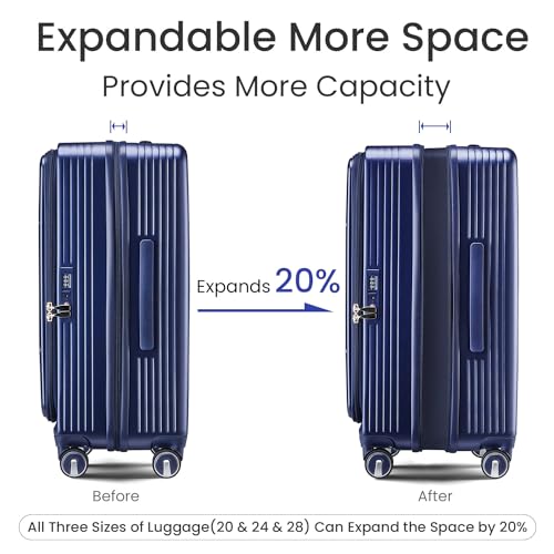 Luggage Sets 3 Piece(20/24/28), Expandable Carry On Luggage with TSA Lock Airline Approved, 100% PC Hard Shell and Lightweight Suitcase with Front Pocket and Spinner Wheels Navy Blue4
