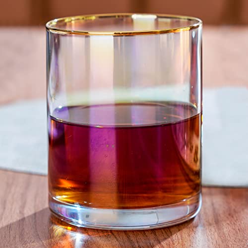 Mygift 15 Oz Modern Iridescent Lowball/Old Fashioned Rocks Glasses With Gold Rim, Set Of 6 / Drinking Tumbler Beverage Whiskey Glass #TOP1