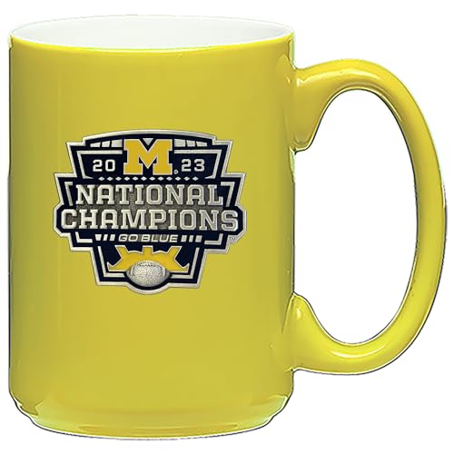 Heritage Pewter Pewter Michigan Wolverines 2023 CFP National Champions 15 Ounce Coffee Mug | Yellow Mug for Coffee, Beverages | Intricately Crafted Metal Pewter Alma Mater Inlay