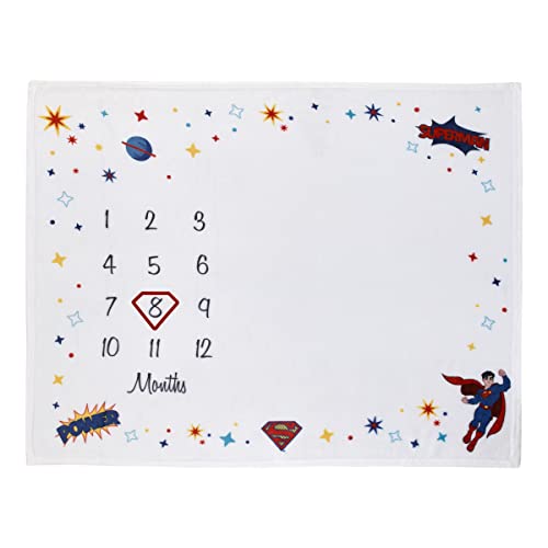 Image of Everything Kids Warner Brothers Superman White and Red Power, Icon, and Stars Milestone Baby Blanket