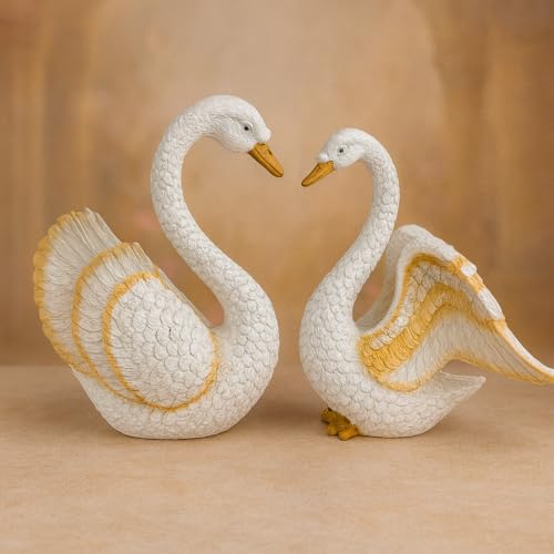 Image of Elegant Swan Couple Showpiece Set - White & Gold Polyresin Love Birds Statue for Home Decor, Living Room, Bedroom, Wedding Gift, Anniversary & Housewarming Decoration