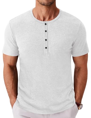 COOFANDY Men's Henley Shirts Short Sleeve Fashion Casual T-Shirts Summer Button Basic Tee White