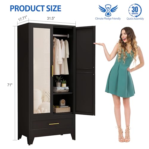 Image of GAIOUS Steel Armoire Wardrobe Closet with Mirror Door and Drawer 71 inch Black