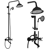 gotonovo Bathroom Exposed Shower Faucet Outdoor Shower System 8 Inch Rainfall Shower Head Set with Tub Spout and Handheld Spray Double Cross Handles Wall Mount without Shower Shelf Matte Black