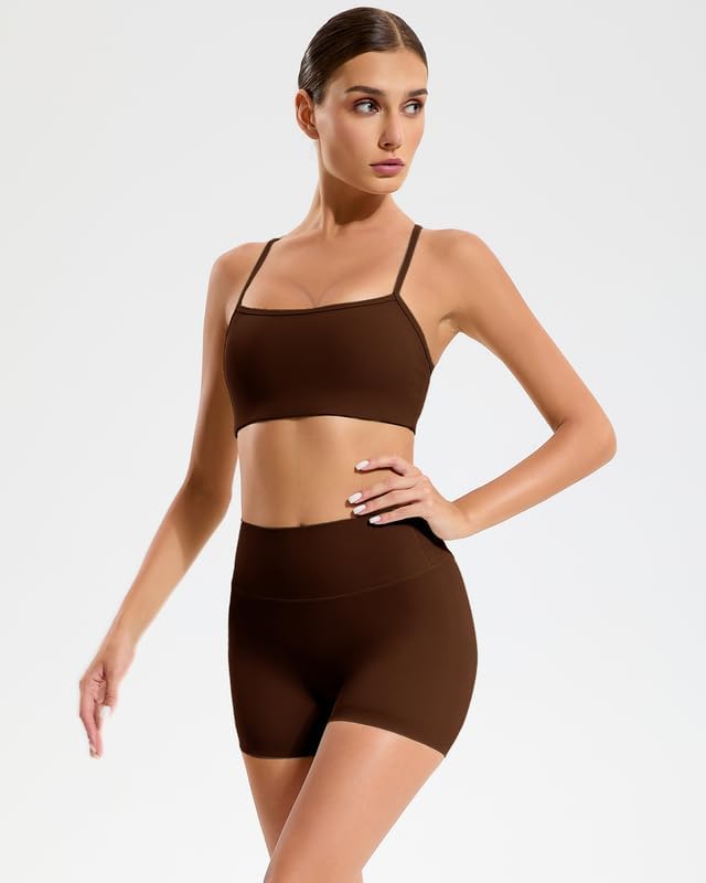 RIOJOY Sports Bras for Women, Lycra Racer Back Workout Gym Sports Bra, Thin Strap Sport Bra, Removable Pads Yoga Womens Sport Bras Coffee - Image 2