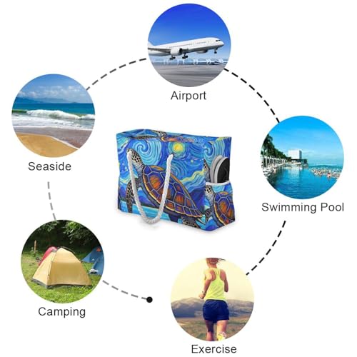 Blue Art Star Turtle Blue Large Capacity Carry On Tote with side pocketes Outdoor Tote Bag with cup holders on the side4