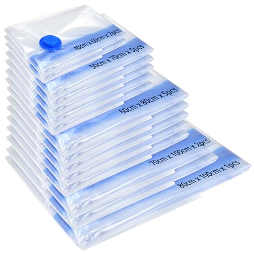Image of QWORK® Set of 15 Vacuum Storage Bags (1XXL, 2XL, 5L, 5M, 2S), Double Zip Seal & Leak Valve, Reusable Space Saver Bags for Clothes, Comforters, Bedding, and Pillows