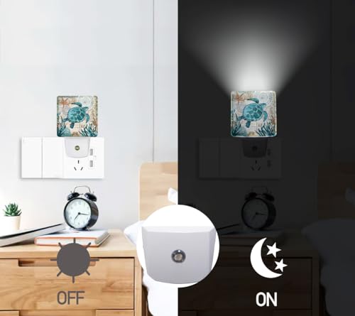 Image of Vintage Ocean Turtle Plug-in LED Night Light,Starfish World Map Auto Dusk to Dawn Sensor Nightlights Plug into Wall,White Energy Efficient Night light for Bedroom,Bathroom,Kitchen,Stairs,Hallway