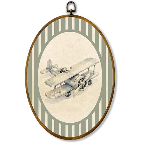 zewepri Vintage Airplane Oval Canvas Wall Art, Rustic Aviation Decor