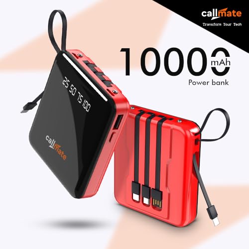 Image of Callmate 10000mAh Power Bank, 15W Fast Charging| Buit-in 3-in-1 Cables | 4 Output Ports and 2 Input | Digital Display | LED Torch| for iPhone, Smartphones & Other Devices (Red, Lithium Polymer)