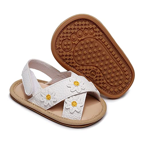 Baby Boy Girl Sandals Shoes for Infant/Toddlers Newborn First Walkers Prewalker Flat Shoes Flower (White, 6 Toddler)3