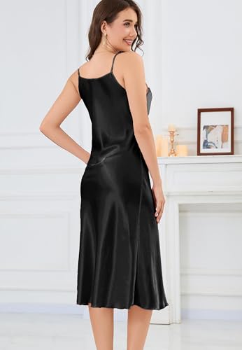 Image of ALCEA ROSEA Women's Midi Satin Slip Dress Adjustable Spaghetti Strap Nightgown Silky Under Dresses