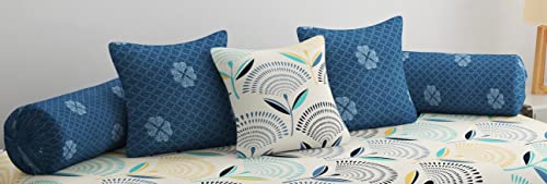 Image of Pure Soft Cotton Floral Diwan Set Covers 6 Pieces - 1 Single Bed Sheet (60 X 90) with 3 Cushion (16 X 16), 2 Bolster Covers (16 X 32) (Cream Navy)
