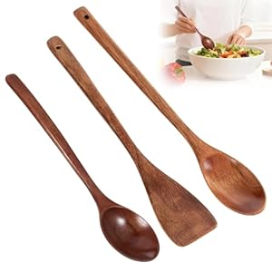 3 Pcs Wooden Spoons for Cooking, Long Handle Wooden Cooking Spoons, Wood Kitchen Utensils for Nonstick Pans & Cookware