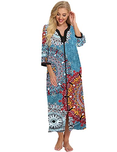 Print Nightgown Sleepwear V Neck House Dress Maxi Lounger Comfy Mumu Dresses Long Sleeve Cotton Zipper Bathrobe Duster Housecoat Grandma House Wear Sleepshirt #TOP2