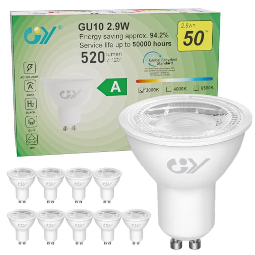 GY GU10 2.9W Class A Ultra Energy Efficient LED Bulb 3000K Warm White 520LM Energy Saving Equivalent 50W 100 Light Angle Non-Dimmable Pack of 10