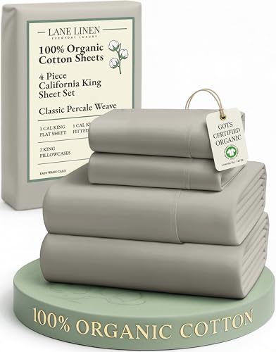 Image of LANE LINEN 100% Organic Cotton California King Sheets Set, Fully Elasticized Reinforsed Seams in Fitted Pocket, Machine Washable Naturally Cooling All Season Cal King Sheet- Silver