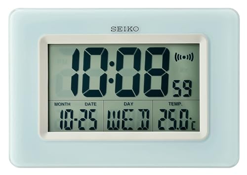 Image of Seiko Elegant Rectangle Plastic Beep Digital Alarm Table Clock with Day, Date, Month & Temperature Display (Size: 10 x 1.8 x 7 CM | Weight: 300 gram | Color: Blue)