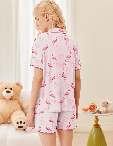 Image of Ekouaer Button Up Pajamas Set for Women Short Sleeve Ribbed Knit Sleepwear 2 Piece Pjs Shorts Set