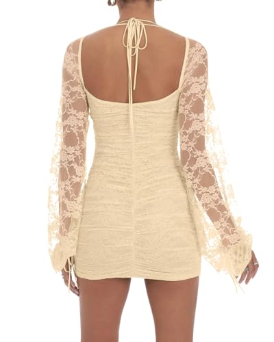 Image of Zebaexf Women's Lace Mini Dress Mesh Dress Long Puff Sleeve Mini Bodycon Party Clubwear for Women