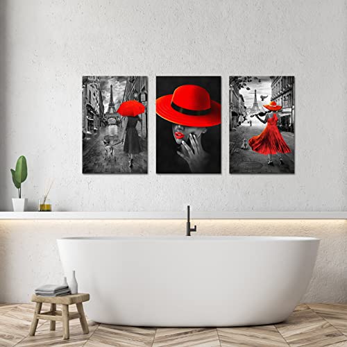 Ilooklike 3 Pieces Black And Red London Street Canvas Wall Art Paris Eiffel Tower Pictures Wall Decor Fashion Woman Painting Poster For Bedroom Living Room 16X24Inchx3Pcs #TOP2